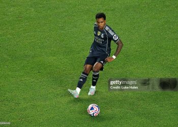 Rodrygo #11 of Real Madrid C.F. passes the ball during the FIFA Club World Cup 2025 (Photo by Luke Hales/Getty Images)