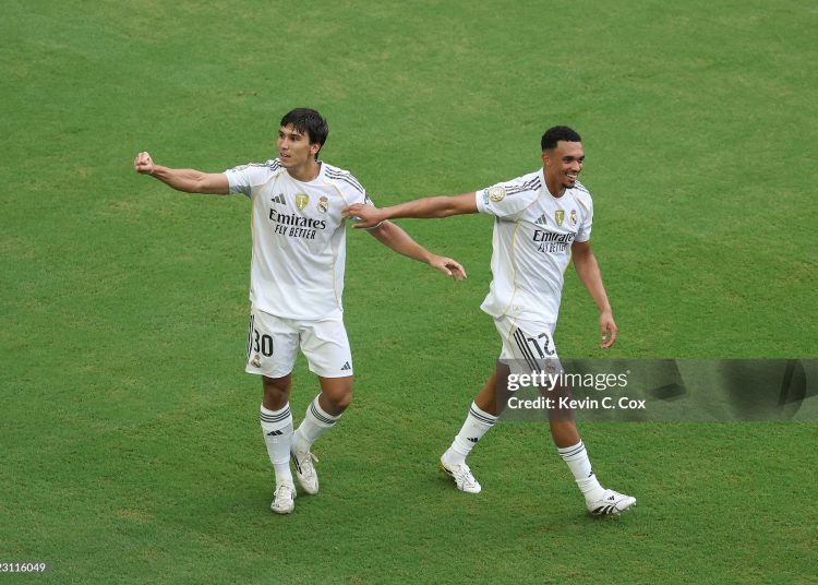 Gonzalo Garcia #30 of Real Madrid C.F. celebrates scoring his team's first goal with Trent Alexander-Arnold #12 of Real Madrid C.F.(Photo by Kevin C. Cox/Getty Images)