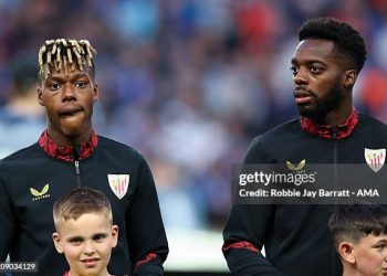 Brothers Nico Williams and Inaki Williams of Athletic Bilbao during UEFA Europa League 2024/25 (Photo by Robbie Jay Barratt - AMA/Getty Images)