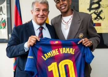 Lamine Yamal (right) with FC Barcelona President Joan Laporta Photo Courtesy: FC Barcelona