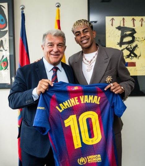 Lamine Yamal (right) with FC Barcelona President Joan Laporta Photo Courtesy: FC Barcelona