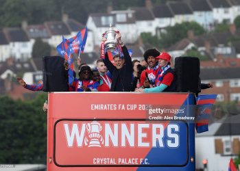 Steve Parish, co-owner and chairman of Crystal Palace celebrates with the FA Cup trophy on May 26, 2025 in London, England. Crystal Palace defeated Manchester City in the FA Cup Final in London on May 17. (Photo by Alex Broadway/Getty Images)