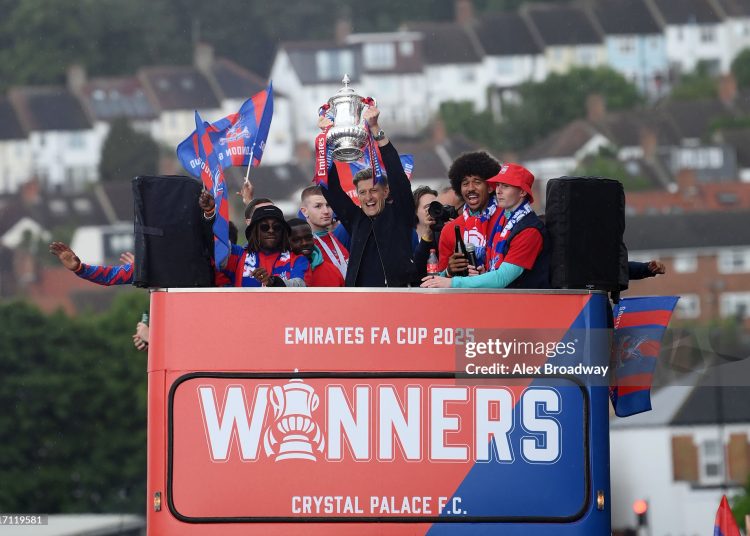 Steve Parish, co-owner and chairman of Crystal Palace celebrates with the FA Cup trophy on May 26, 2025 in London, England. Crystal Palace defeated Manchester City in the FA Cup Final in London on May 17. (Photo by Alex Broadway/Getty Images)