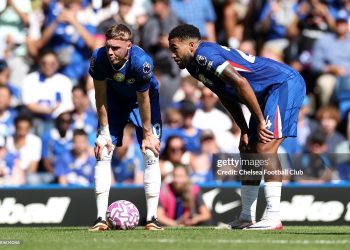 Cole Palmer and Reece James of Chelsea react during the Premier League match between Chelsea and Crystal Palace (Photo by Chelsea Football Club/Chelsea FC via Getty Images)
