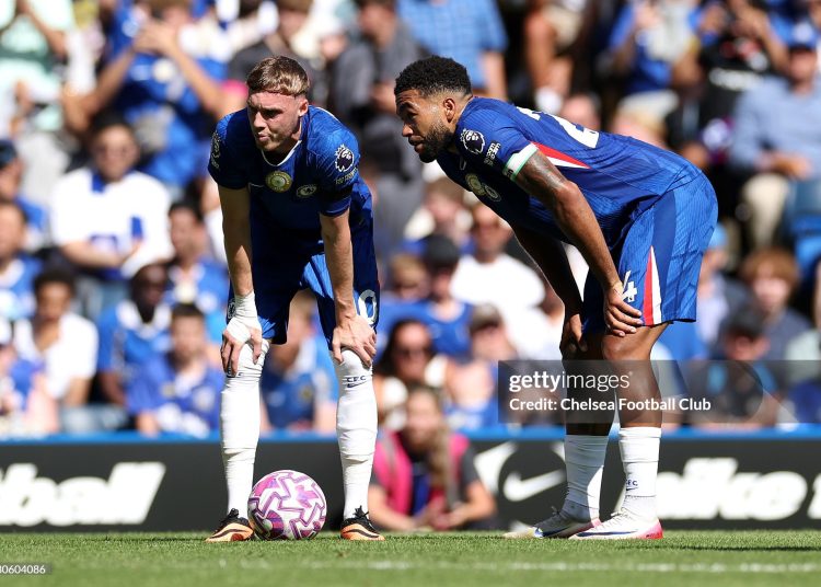 Cole Palmer and Reece James of Chelsea react during the Premier League match between Chelsea and Crystal Palace (Photo by Chelsea Football Club/Chelsea FC via Getty Images)