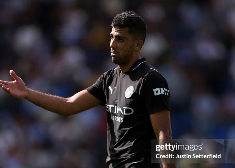 Rodri of Manchester City reacts during Premier League match (Photo by Justin Setterfield/Getty Images)