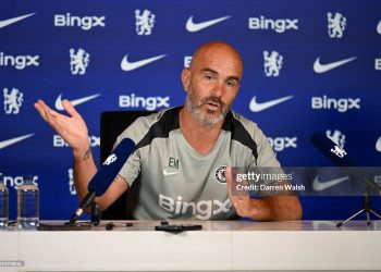 Head Coach Enzo Maresca of Chelsea attends a press conference (Photo by Darren Walsh/Chelsea FC via Getty Images)