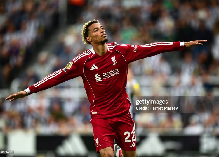 Hugo Ekitike of Liverpool FC (22) celebrates after scoring Liverpool goal (Photo by Harriet Massey/Newcastle United via Getty Images)