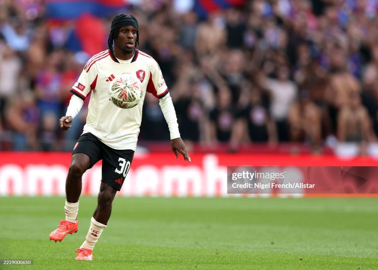Jeremie Frimpong of Liverpool controls the ball (Photo by Nigel French/Sportsphoto/Allstar via Getty Images)
