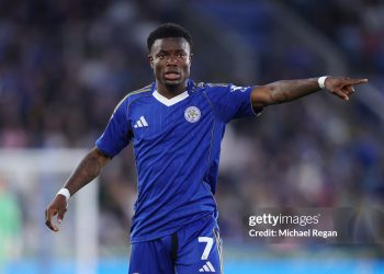 Abdul Fatawu of Leicester City in action  during the Sky Bet Championship match (Photo by Michael Regan/Getty Images)