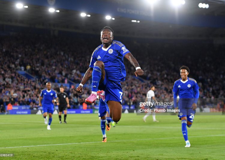 Abdul Fatawu of Leicester City celebrates scoring the opening goal for Leicester City during the Sky Bet Championship match (Photo by Plumb Images/Leicester City FC via Getty Images)