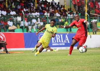Kotoko's Samba O'Neil (right) in action against Gold Stars Photo Courtesy: Bibiani Gold Stars