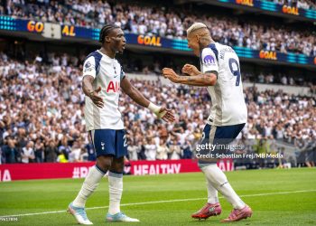 Richarlison of Tottenham Hotspur celebrate with Mohammed Kudus after scoring his team's second goal during the Premier League match between Tottenham Hotspur and Burnley (Photo by Sebastian Frej/MB Media/Getty Images)