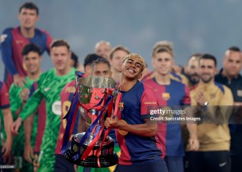Lamine Yamal
celebrates the championship. (Photo by Maria Gracia Jimenez/Soccrates/Getty Images)
