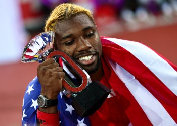 Noah Lyles celebrates Diamond League win  Photo Courtesy: Diamond_League on X