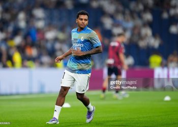 Rodrygo Goes right winger of Real Madrid and Brazil during the warm-up before the La Liga EA Sports match (Photo by Jose Breton/Pics Action/NurPhoto via Getty Images)