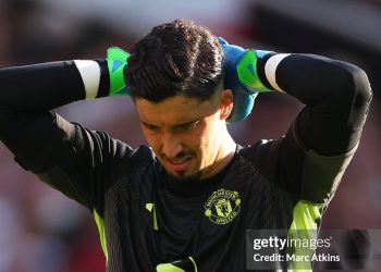 Altay Bayindir of Manchester United looks dejected during the Premier League match between Manchester United and Arsenal (Photo by Marc Atkins/Getty Images)
