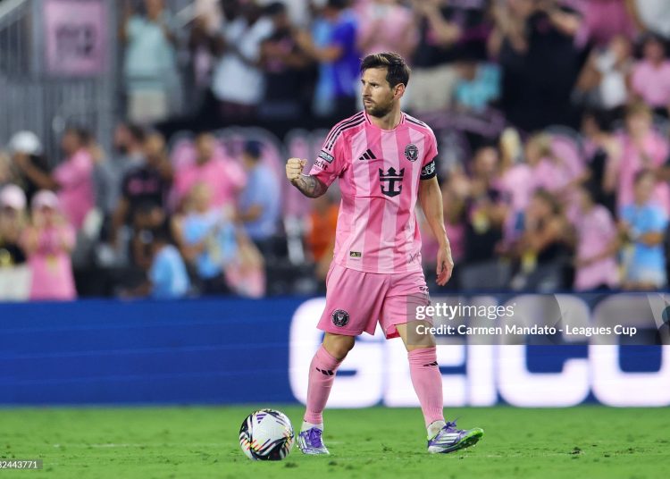 Lionel Messi #10 of Inter Miami CF celebrates after scoring the team's first goal via penalty during the Leagues Cup Semifinal (Photo by Carmen Mandato - Leagues Cup/MLS via Getty Images)
