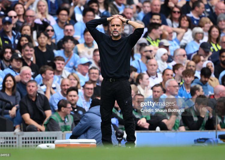 Pep Guardiola, Manager of Manchester City reacts  after the loss (Photo by Shaun Botterill/Getty Images)