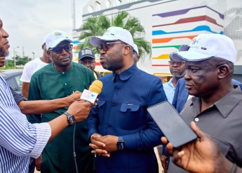 AfPC President, Samson Deen addressing the media after his tour of the Abiola Sports Arena