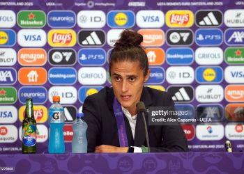 Montse Tome speaks to the media in a post match press conference after the team's defeat in the UEFA Women's EURO 2025 Final match (Photo by Alex Caparros - UEFA/UEFA via Getty Images)