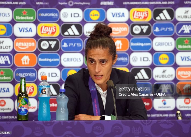 Montse Tome speaks to the media in a post match press conference after the team's defeat in the UEFA Women's EURO 2025 Final match (Photo by Alex Caparros - UEFA/UEFA via Getty Images)