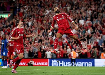 Mohamed Salah of Liverpool celebrates scoring his team's fourth goal . (Photo by Michael Steele/Getty Images)