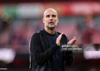 Pep Guardiola, Manager of Manchester City, applauds the fans after Premier League match (Photo by Justin Setterfield/Getty Images)