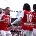 Arsenal's Swedish striker #14 Viktor Gyokeres celebrates scoring the team's second goal with Arsenal's English midfielder #10 Eberechi Eze during the English Premier League football match between Arsenal and Nottingham Forest at the Emirates(Photo by HENRY NICHOLLS/AFP via Getty Images)