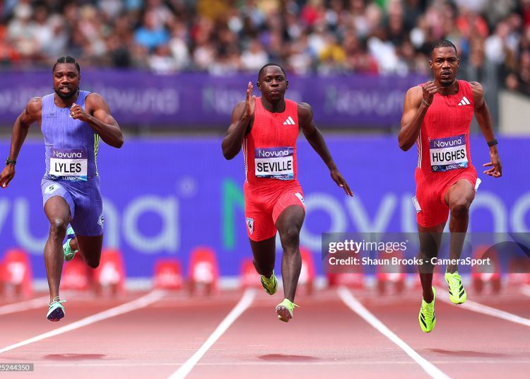 Oblique Seville (JAM), Noah Lyles (USA) and Zharnel Hughes (GBR) (Photo by Shaun Brooks - CameraSport via Getty Images)