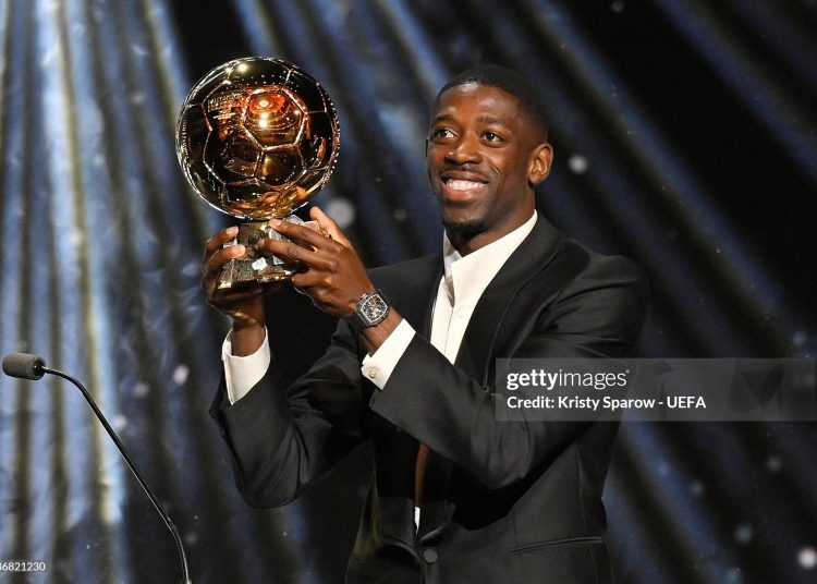 Ousmane Dembele poses with the Men’s Ballon d’Or trophy during the 69th Ballon D'Or Ceremony at Theatre Du Chatelet (Photo by Kristy Sparow - UEFA/UEFA via Getty Images)