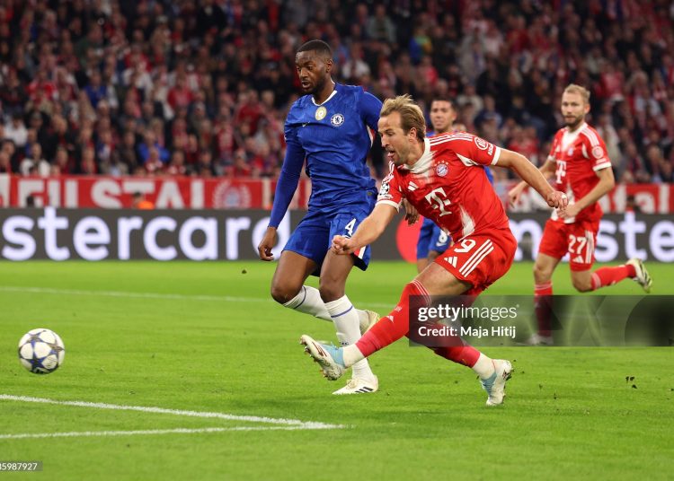 Harry Kane of Bayern Munich scores his team's third goal during the UEFA Champions League 2025/26 League Phase MD1 match between FC Bayern München and Chelsea FC at Football Arena (Photo by Maja Hitij/Getty Images)
