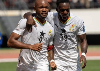 Jordan Ayew celebrates goal with Inaki Williams (right) Photo Courtesy: GFA