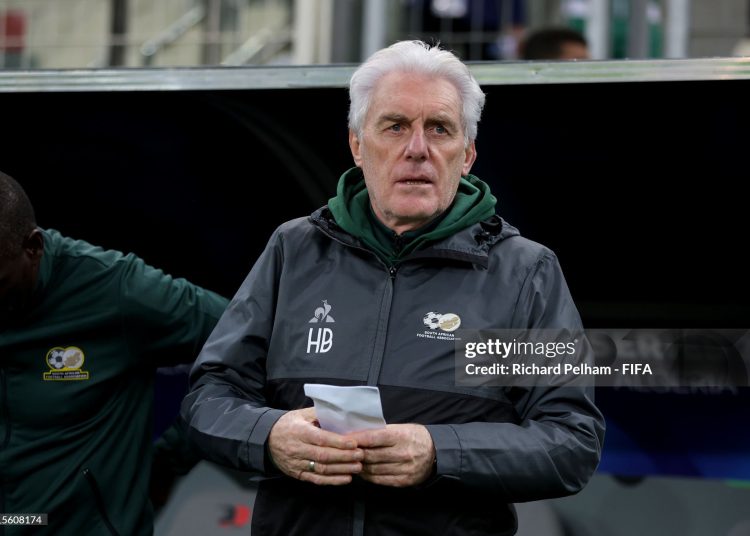 Hugo Broos, Manager of South Africa, looks on prior to the FIFA Series 2024 Algeria match between Algeria and South Africa (Photo by Richard Pelham - FIFA/FIFA via Getty Images)