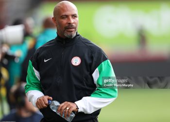 BRENTFORD, ENGLAND - MAY 31: Eric Chelle, head coach of Nigeria, before the Unity Cup Final match between Jamaica and Nigeria at Gtech Community Stadium on May 31, 2025 in Brentford, England.  (Photo by Harry Murphy/Getty Images)