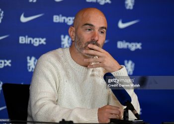 Head Coach Enzo Maresca of Chelsea attends a press conference (Photo by Darren Walsh/Chelsea FC via Getty Images)