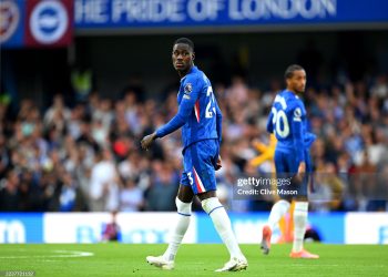 Trevoh Chalobah of Chelsea walks off after being shown a red card by Referee Simon Hooper during the Premier League match between Chelsea and Brighton & Hove Albion (Photo by Clive Mason/Getty Images)