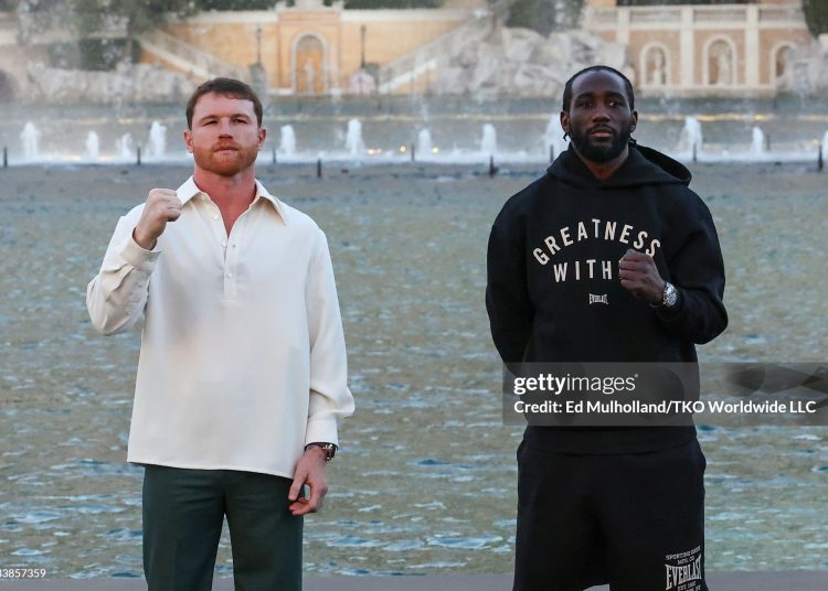 Saul "Canelo" Alvarez and Terence Crawford (Photo by Ed Mulholland/TKO Worldwide LLC/Zuffa LLC via Getty Images)