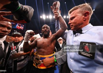 Terence Crawford reacts after defeating Canelo Alvarez for the Undisputed & Ring Magazine Super Middleweight Championship (Photo by Ed Mulholland/TKO Worldwide LLC via Getty Images)