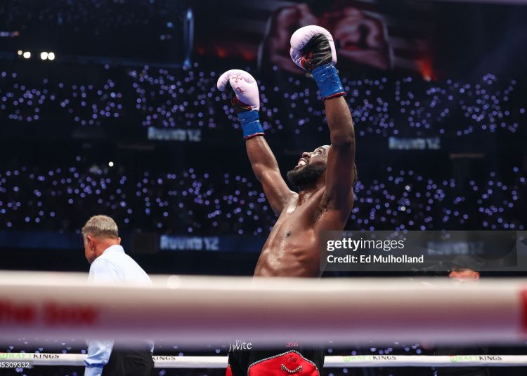 Terence Crawford reacts after defeating Canelo Alvarez for the Undisputed & Ring Magazine Super Middleweight Championship at Allegiant Stadium (Photo by Ed Mulholland/TKO Worldwide LLC via Getty Images)