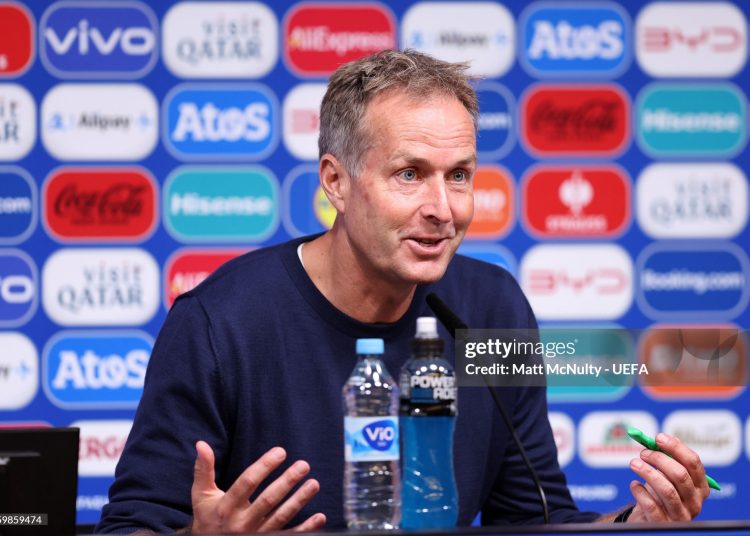 Kasper Hjulmand, Head Coach of Denmark, speaks to the media in a post match press conference following the UEFA EURO 2024 round of 16 match between Germany and Denmark (Photo by Matt McNulty - UEFA/UEFA via Getty Images)