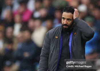 Ruben Amorim, Manager of Manchester United, reacts during Premier League match (Photo by Michael Regan/Getty Images)