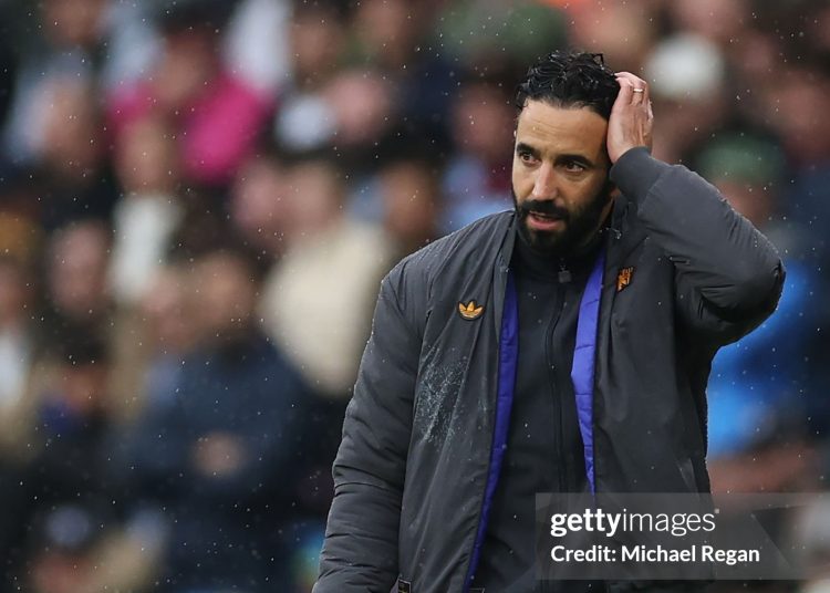 Ruben Amorim, Manager of Manchester United, reacts during Premier League match (Photo by Michael Regan/Getty Images)