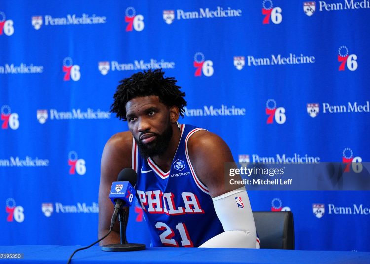 Joel Embiid #21 of the Philadelphia 76ers participates in media day (Photo by Mitchell Leff/Getty Images)