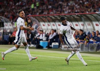 Noni Madueke of England celebrates scoring his team's second goal during the FIFA World Cup 2026 qualifier match (Photo by Michael Regan/Getty Images)