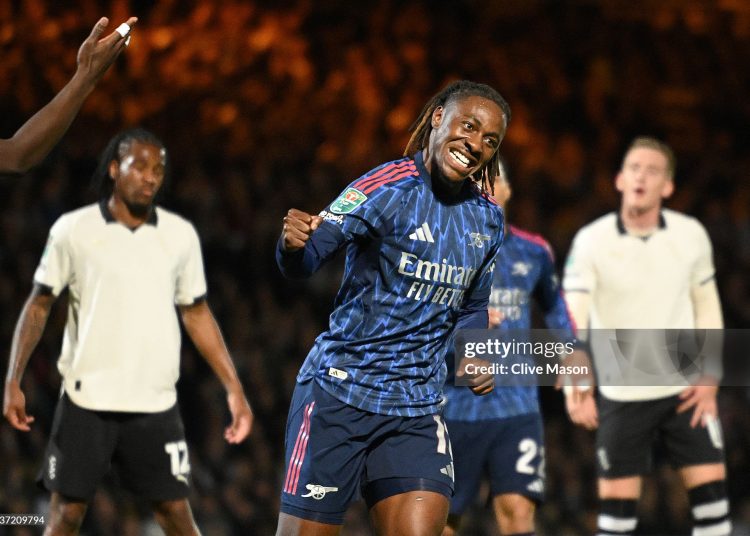 Eberechi Eze of Arsenal celebrates after scoring his teams first goal during the Carabao Cup Third (Photo by Clive Mason/Getty Images)