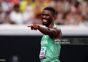 Ezekiel Nathaniel of Team Nigeria celebrates after finishing in first place and qualifying for the Semi-Finals during the Men's 400 Metres Hurdles Heats on day three of the World Athletics Championships Tokyo 2025 (Photo by Emilee Chinn/Getty Images)