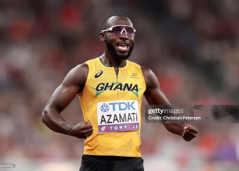 Benjamin Azamati of Team Ghana celebrates after teammate Abdul-Rasheed Saminu (not pictured) crosses the finish line in the Men's 4x100m Relay Heats on day eight of the World Athletics Championships Tokyo 2025 (Photo by Christian Petersen/Getty Images)