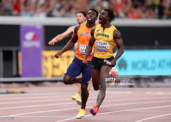 Abdul-Rasheed Saminu of Team Ghana celebrates after crossing the finish line in the Men's 4x100m Relay Heats on day eight of the World Athletics Championships Tokyo 2025 (Photo by Emilee Chinn/Getty Images)