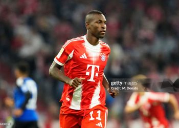 Nicolas Jackson of Bayern Munich looks on during Bundesliga match (Photo by M. Donato/FC Bayern via Getty Images)